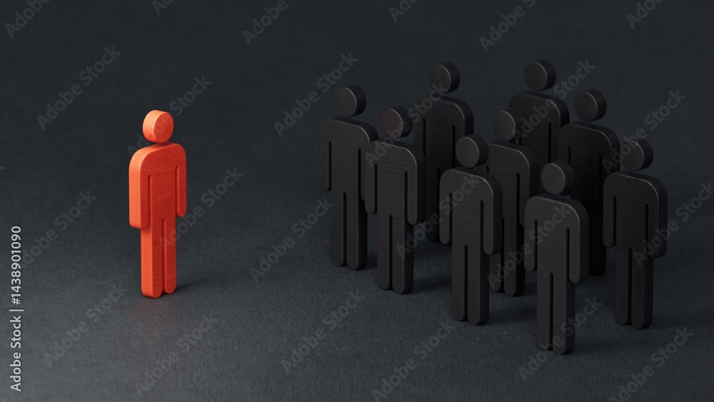 Individual person in the crowd. Leadership and excellence concept. economic status and social achievement.3D rendering on black background. Individual person in the crowd. Leadership and excellence concept. economic status and social achievement.3D rendering on black background.