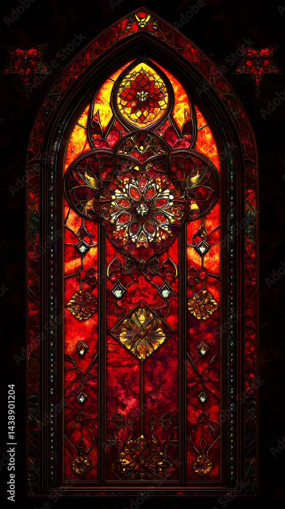 Intricate symmetrical stained glass window, vibrant red tones, deep ruby and burgundy shades, floral and abstract patterns, del Intricate symmetrical stained glass window, vibrant red tones, deep ruby and burgundy shades, floral and abstract patterns, del