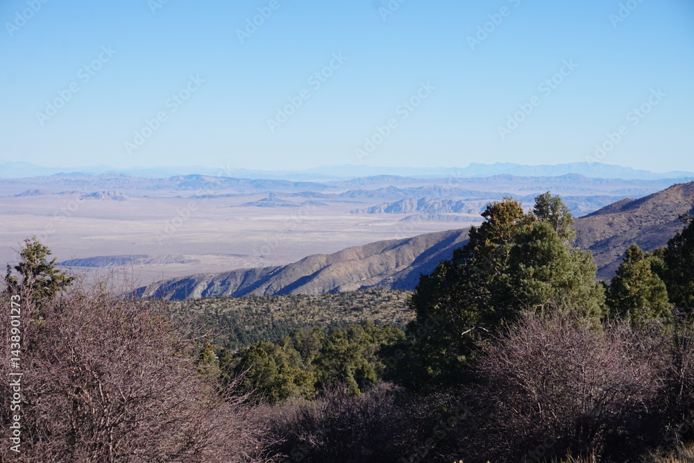 Obraz premium Expansive view from the San Bernardino Mountains looking out over the California desert, featuring tree-lined slopes and distant rugged mountain ranges