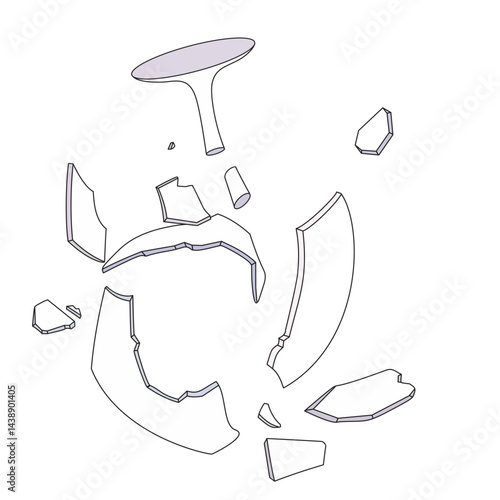 broken wine glass, flying fragments of broken glass, Glass trash. Garbage recycle concept. Vector illustration