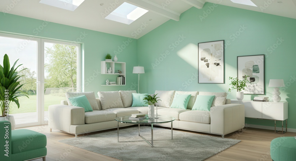 Fototapeta premium Serene Mint Green Living Room with Natural Light and Cozy Accents