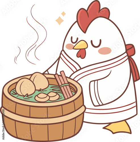  illustration of a cartoon chicken in a earthen pot