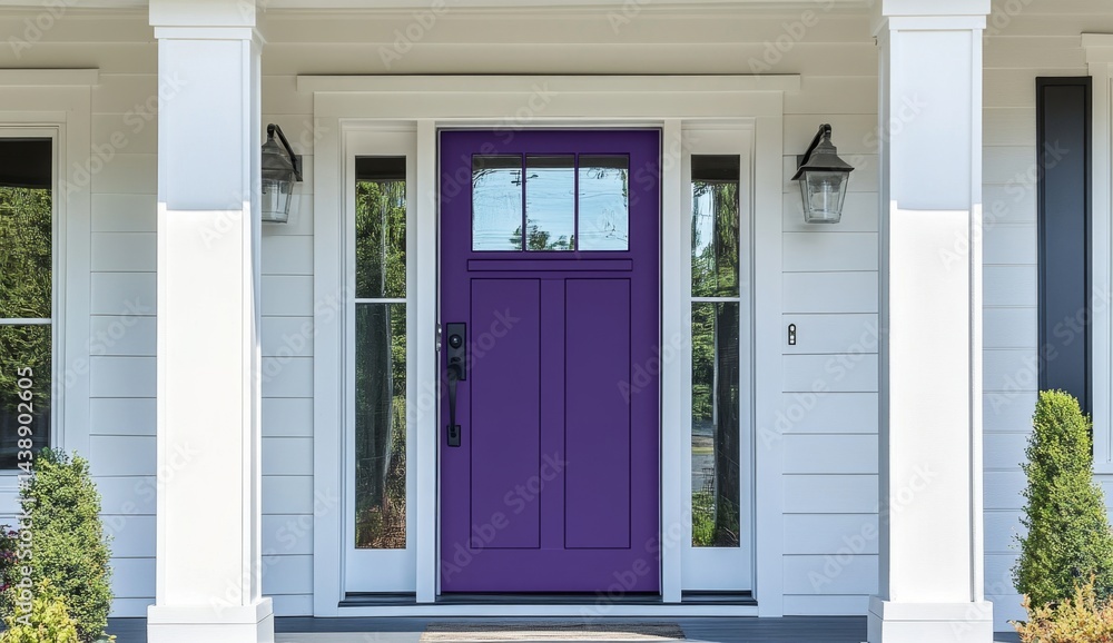 Fototapeta premium Purple front door on a white house