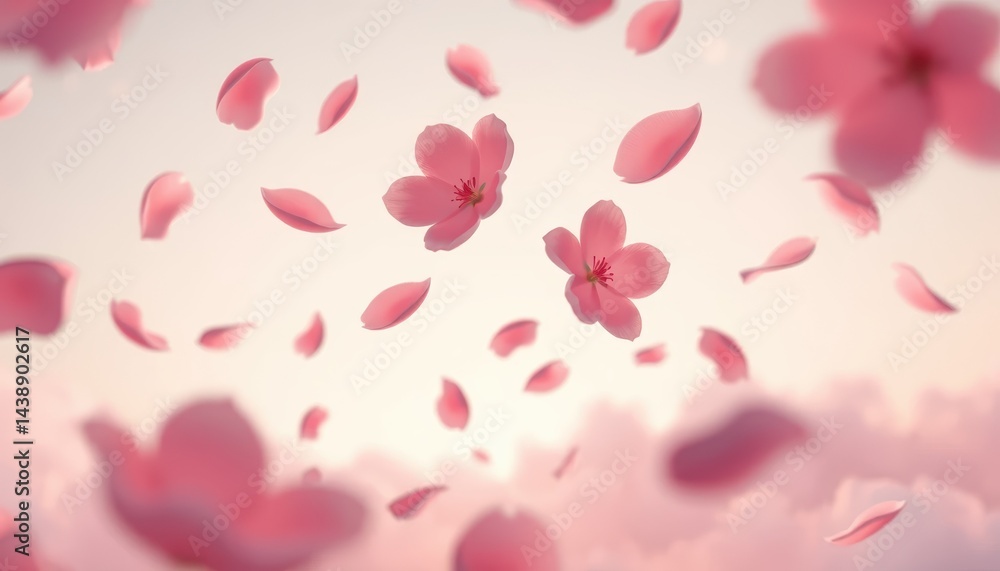 Delicate Pink Cherry Blossoms Falling Gracefully in Soft Light Airy Spring Background