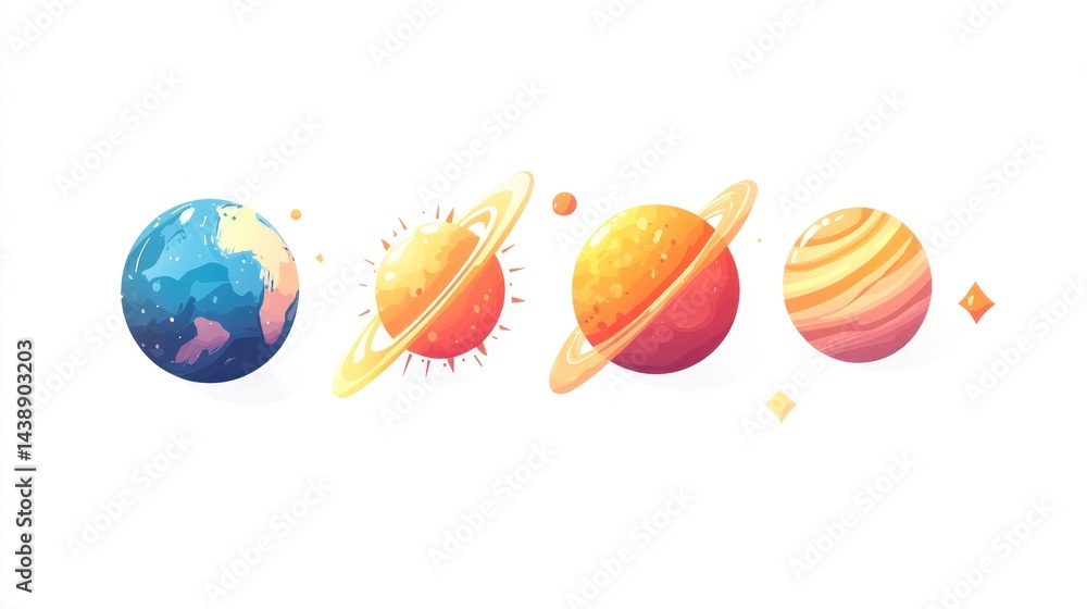 Obraz premium Cartoon planets, sun, space, solar system, illustration, white background, educational, design