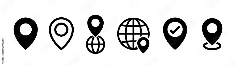 Map pin icons. Globe and location pin icon set. Black color icons on white background. Map pin icons. Globe and location pin icon set. Black color icons on white background.