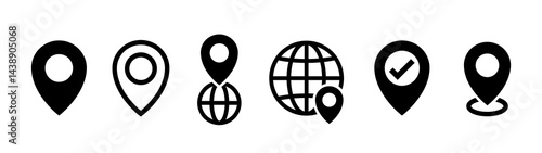 Map pin icons. Globe and location pin icon set. Black color icons on white background.