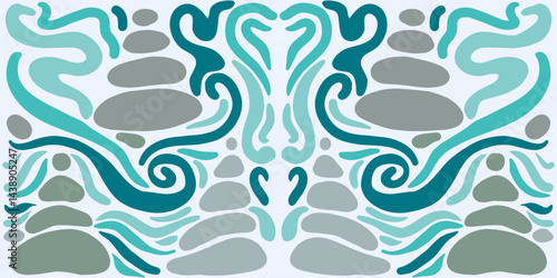 Cheerful seamless vector pattern featuring balanced stone cairns on a beach, cut-out style with mosaic-like simplicity