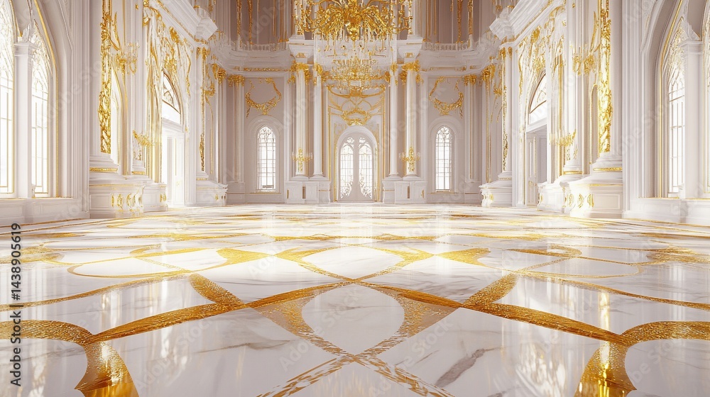 Ornate, grand hall with golden accents, marble floors, and architectural details