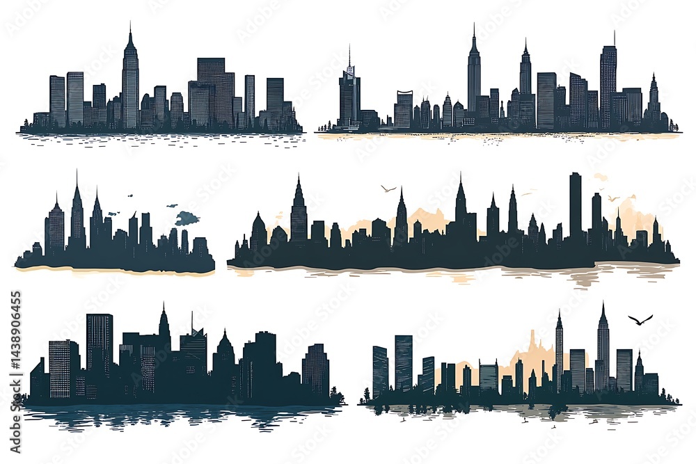 Fototapeta premium Cityscape silhouettes collection of urban skylines with architectural landmarks and city views