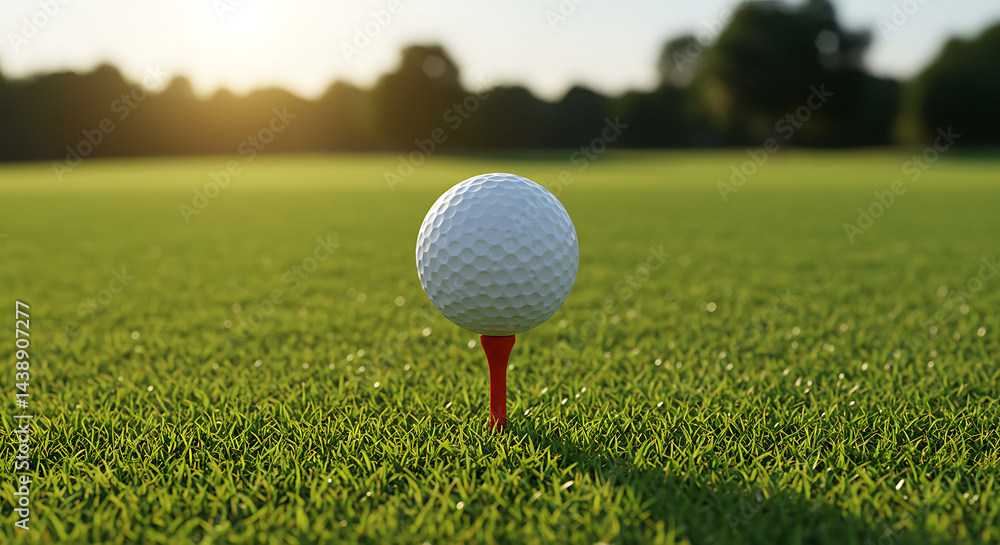 Golf ball on tee ready for a drive on a sunny green golf course Golf ball on tee ready for a drive on a sunny green golf course
