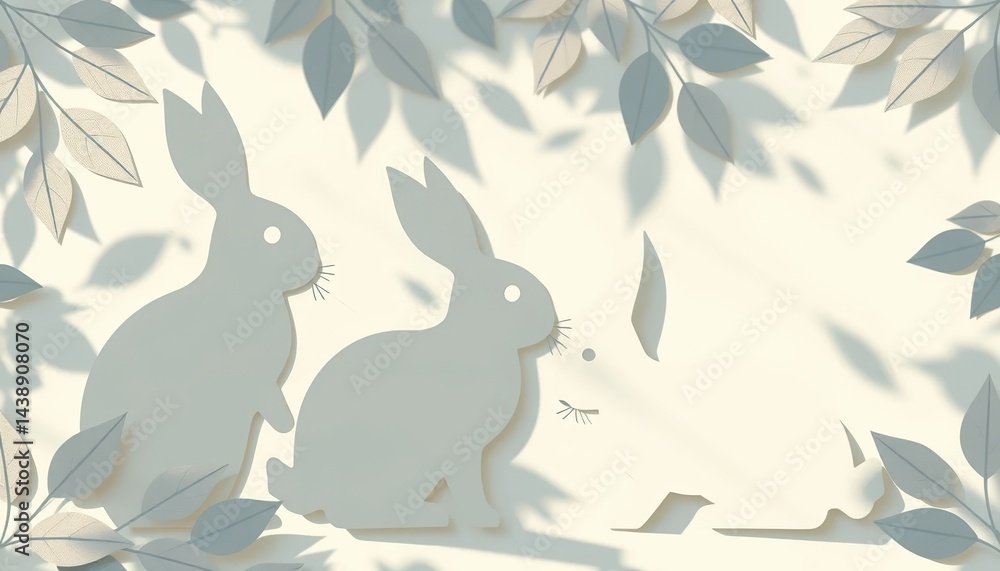 Two Adorable Paper Rabbits Resting Amidst Delicate Paper Leaves and Shadows A Serene Springtime Scene Two Adorable Paper Rabbits Resting Amidst Delicate Paper Leaves and Shadows A Serene Springtime Scene