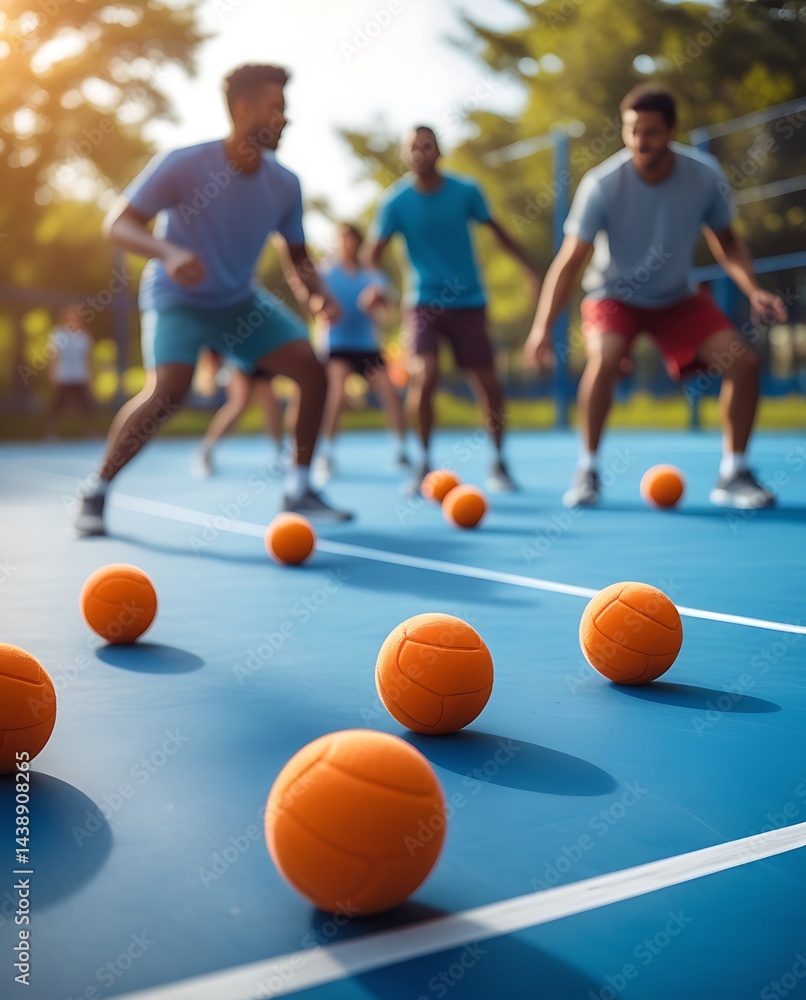 Fototapeta premium Group of young athletes playing a ball sport on an outdoor court with multiple orange balls scattered around, captured in action under warm natural sunlight 