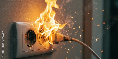EU Electrical outlet fire caused by plugged-in cord in socket with flames, smoke, sparks. Risks of faulty wiring, short circuit, fire hazards, home safety. Perfect for danger awareness, insurance