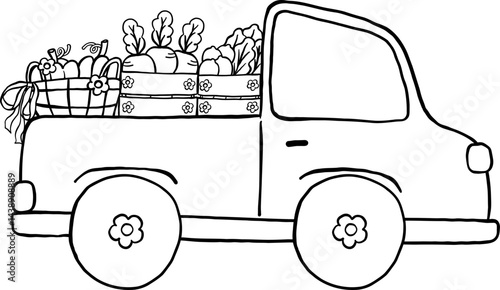 Farmer Market Cartoon Truck Loaded with Fresh Vegetables Doodle Outline