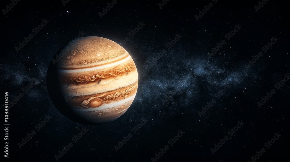 Jupiter's Majesty: A stunning digital rendering showcases the majestic planet Jupiter, highlighting its iconic bands, the great red spot, and an interstellar background. Jupiter's Majesty: A stunning digital rendering showcases the majestic planet Jupiter, highlighting its iconic bands, the great red spot, and an interstellar background.