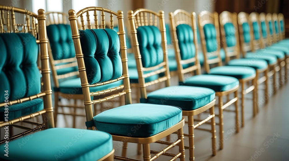 Obraz premium Close-up view of stylish and uniform golden chairs with blue-green seat pads, emphasizing event preparation, sophistication, and seating arrangement