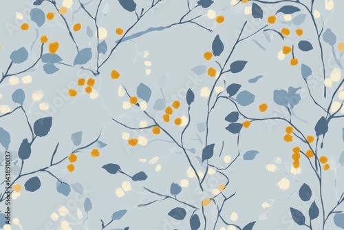 Delicate light blue floral pattern with branches, leaves, and berries