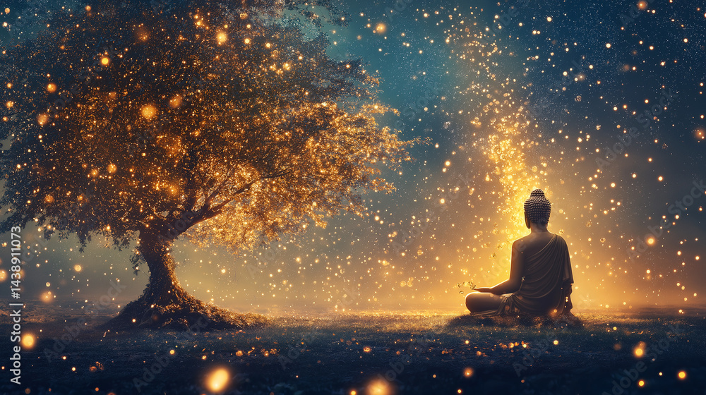 Zen Enlightenment: A serene statue of Buddha finds peace under a mystical tree, against a starlit sky, inviting you to a realm of tranquility and spiritual awakening. Zen Enlightenment: A serene statue of Buddha finds peace under a mystical tree, against a starlit sky, inviting you to a realm of tranquility and spiritual awakening.