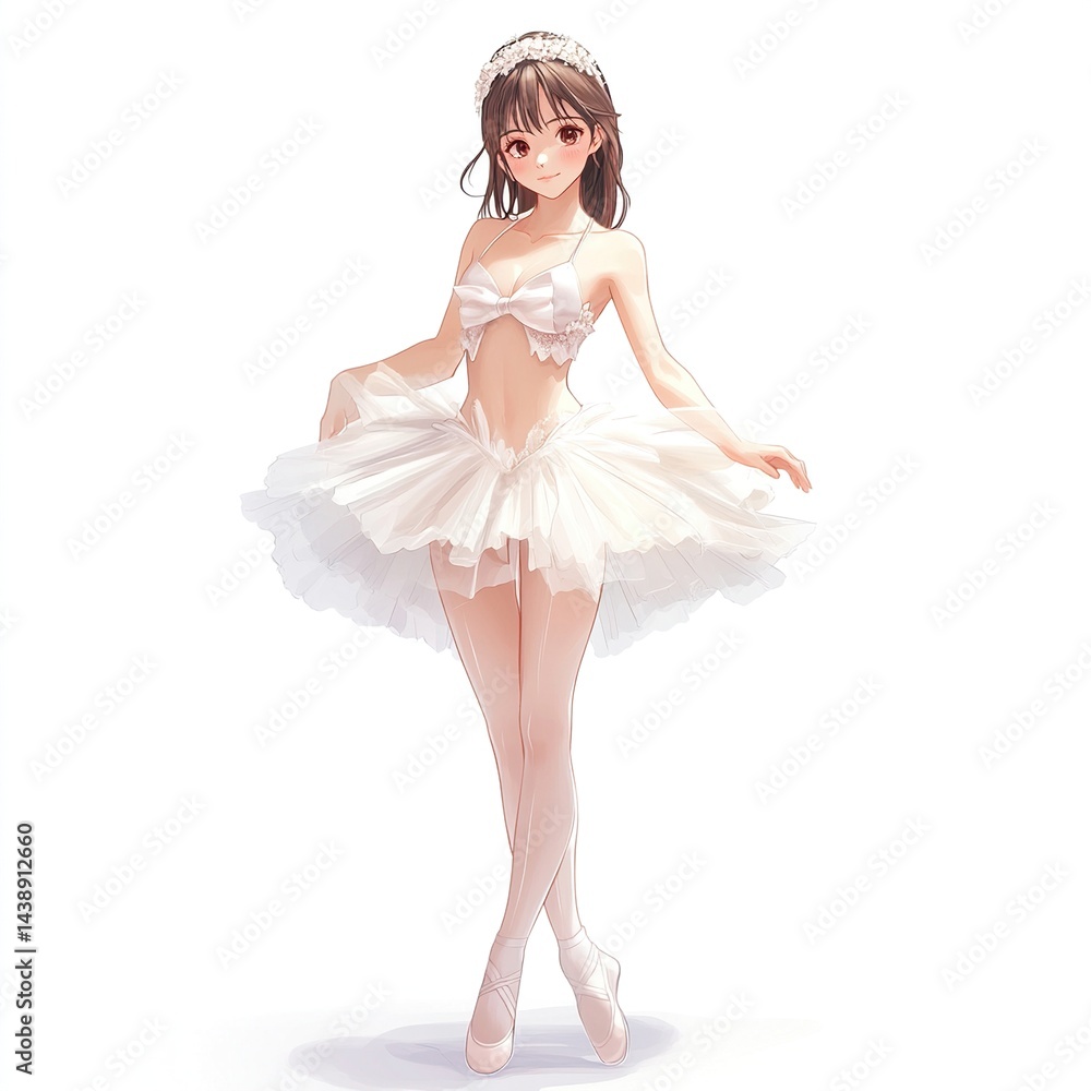 Naklejka premium Anime ballerina in white tutu, posing gracefully.