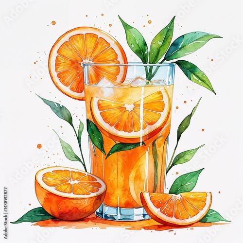 Orange orangeade drink watercolor art painting design on plain white background illustration