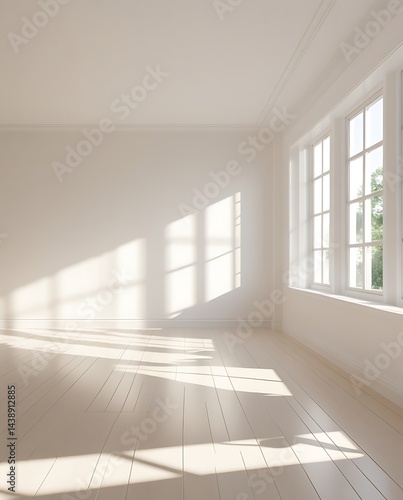 Empty white room with sunlight casting shadows on the floor, perfect minimalistic background for real estate, interior design, and modern home decoration projects

