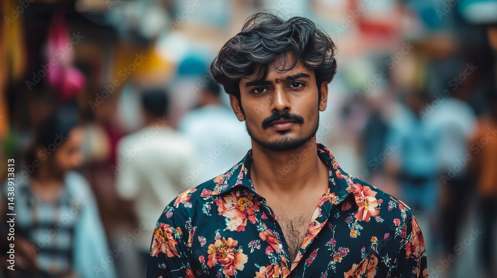 Young Man in Floral Shirt Posing in Busy Indian Street Scene Young Man in Floral Shirt Posing in Busy Indian Street Scene