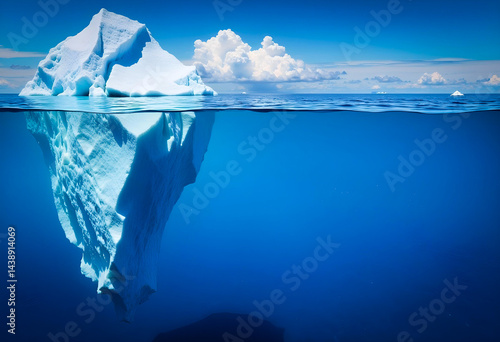 Iceberg in the ocean , half above the water and half below, clear blue sky with a few clouds
