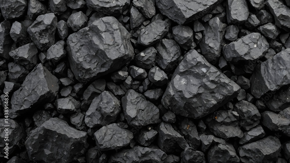 Close-up of a textured pile of dark black coal rocks and lumps, representing energy resources and industrial material supply Close-up of a textured pile of dark black coal rocks and lumps, representing energy resources and industrial material supply