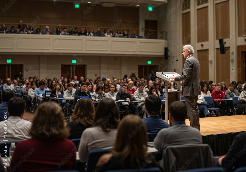 A man speaks to a large crowd in an auditorium A man speaks to a large crowd in an auditorium