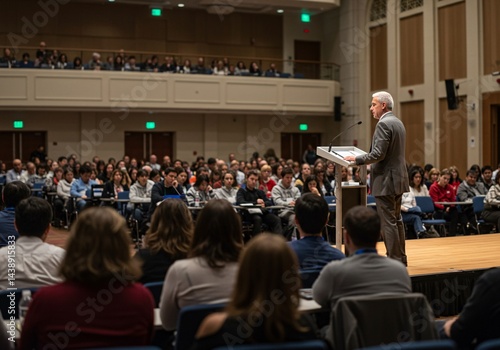 A man speaks to a large crowd in an auditorium