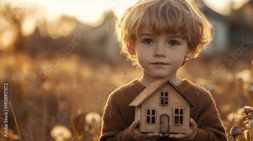 A young boy holds a miniature wooden house representing dreams and security