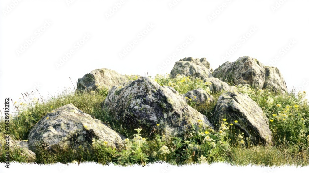 Rocks, grass, flowers, hillside, isolated, background, design, element Rocks, grass, flowers, hillside, isolated, background, design, element
