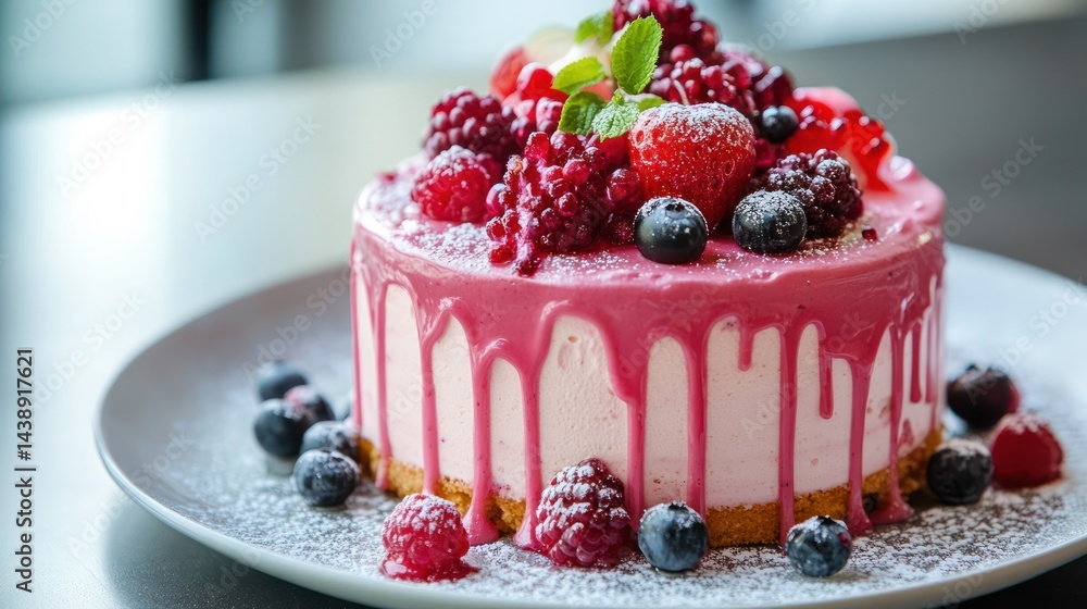 Delicious berry cake with pink glaze and fresh berries, inviting food photography Delicious berry cake with pink glaze and fresh berries, inviting food photography