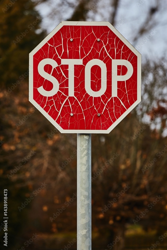 Stop sign with broken paint peeling