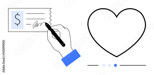 Hand writing on a check with dollar sign and a large heart symbol. Ideal for donation, charity, support, kindness, volunteering, finance, and philanthropy concepts. Perfect for a simple landing page