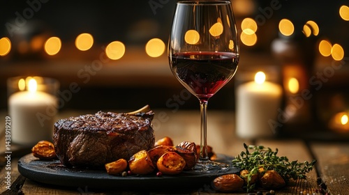 Grilled steak, roasted potatoes, and red wine for a romantic dinner.