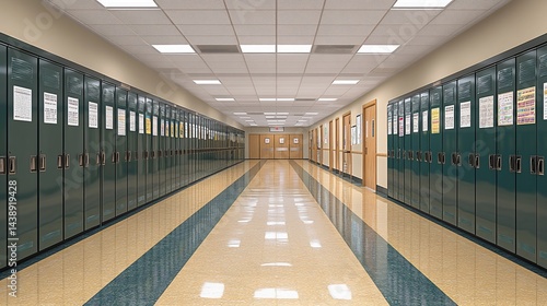 Empty school hallway with lockers.  Clean, well-lit corridor