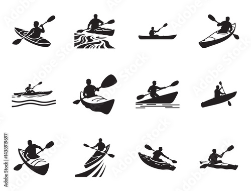 Kayaker on River Silhouette – Clean Black Vector on White Background River Kayaking Adventure