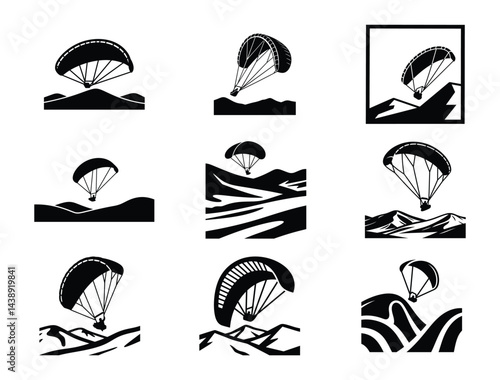 Paraglider Above Hills Silhouette – Black Vector on White Hillside Paragliding Adventure