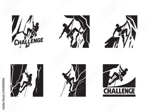 Rock Climber’s Challenge Silhouette – Bold Black Vector on White Mountain Climbing Adventure