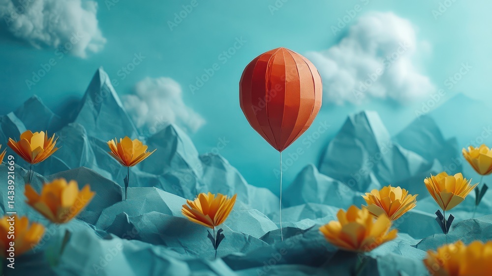 Whimsical paper landscape with origami flowers, origami mountains, and balloon