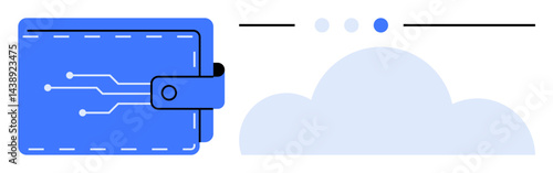 Digital wallet with circuit pattern next to overlapping cloud graphic, symbolizing financial technology, data storage, and cloud integration. Ideal for fintech, data security, cloud computing