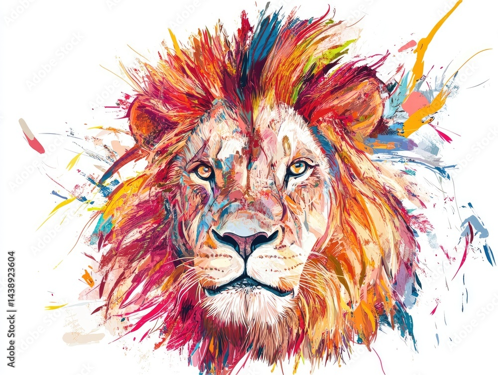 Fototapeta premium Vibrant lion portrait with colorful splashes
