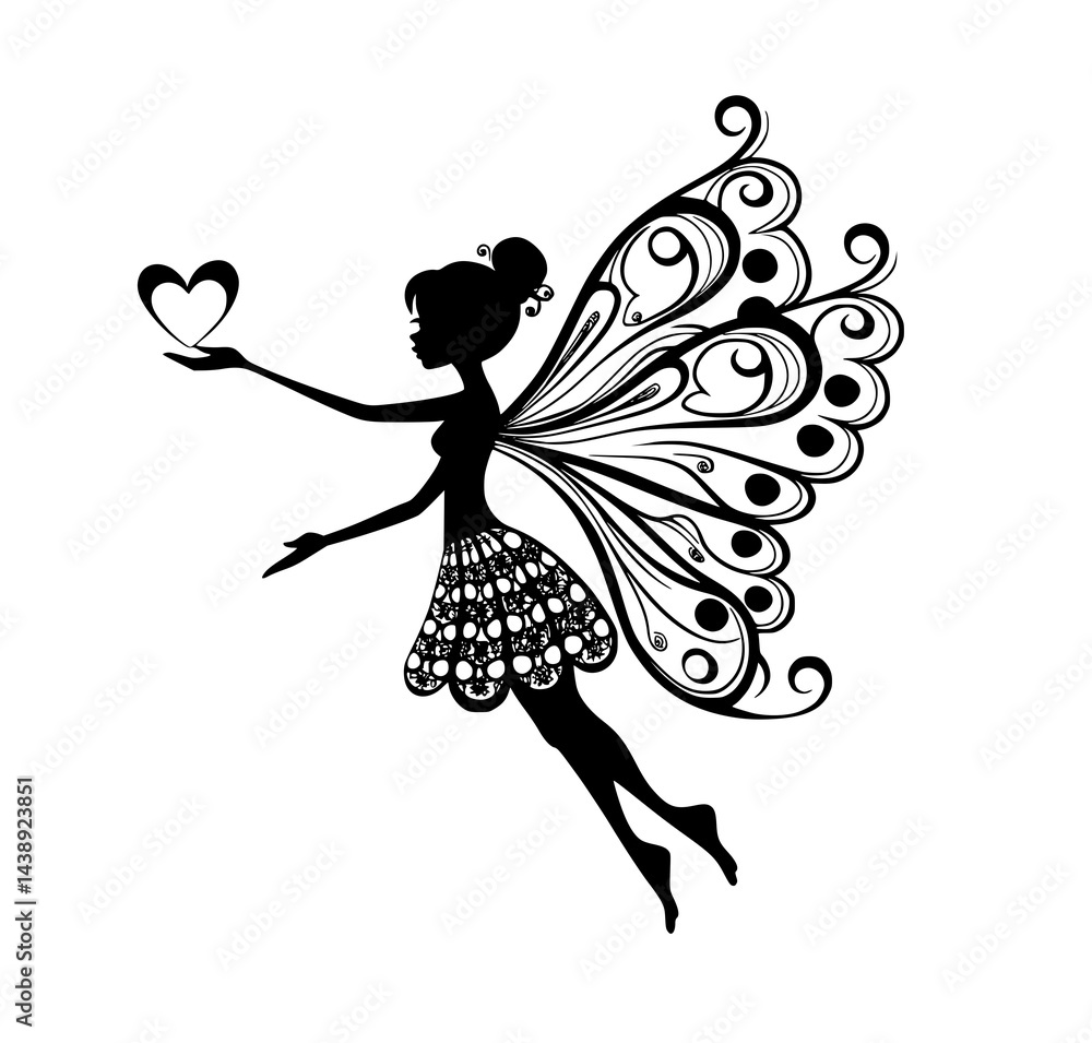 Elegant Black Silhouette Fairy with Ornate Wings Holding a Heart Illustration Elegant Black Silhouette Fairy with Ornate Wings Holding a Heart Illustration