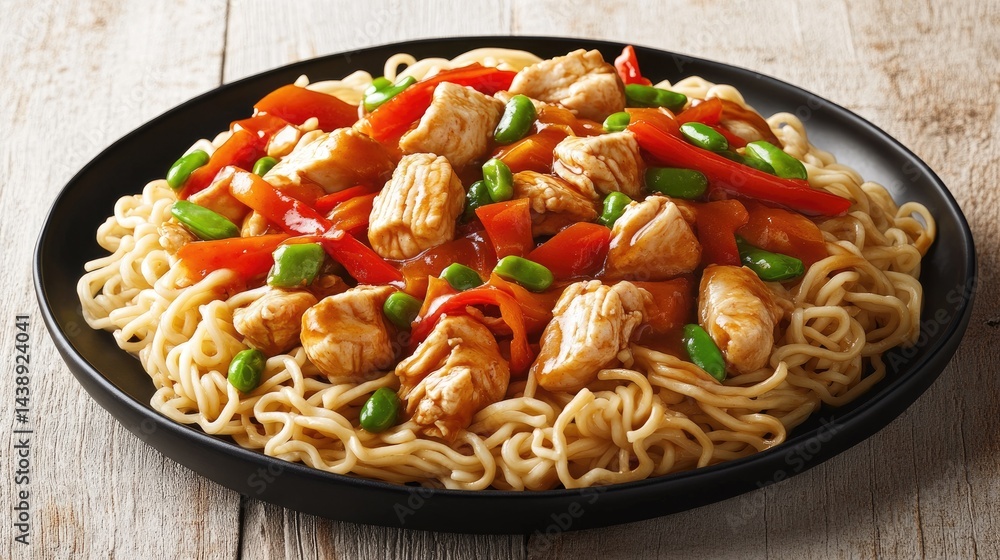 Stir-fried chicken and vegetables over noodles. Stir-fried chicken and vegetables over noodles.