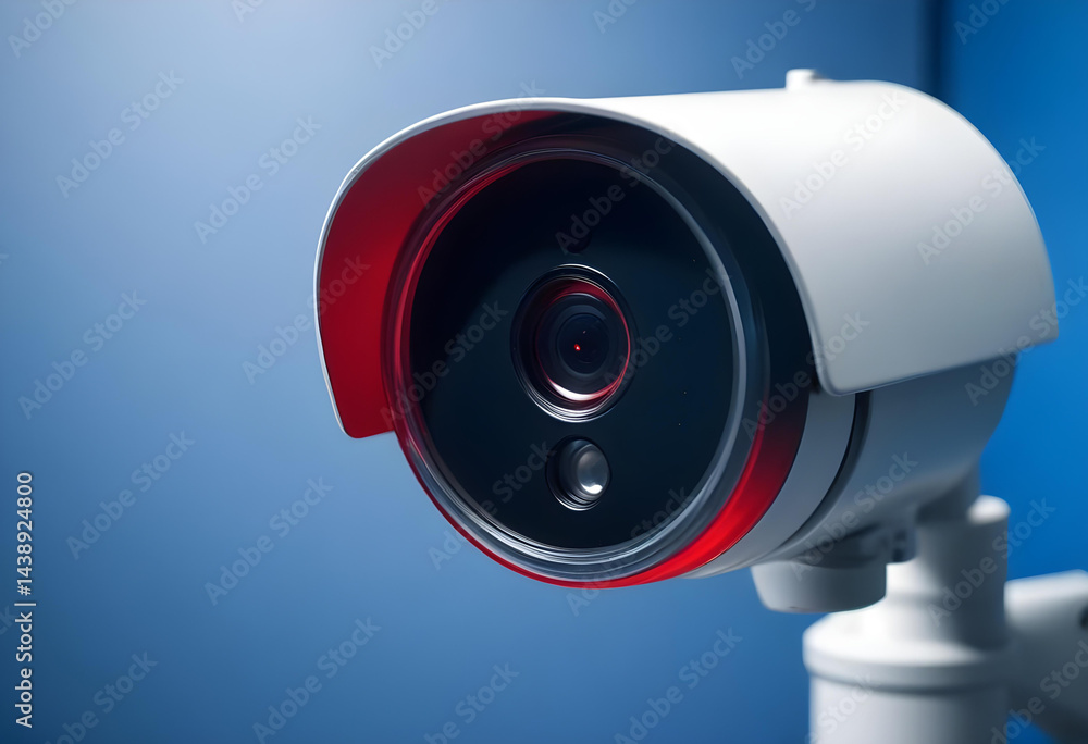A closeup of a security camera with a red LED light in blue background