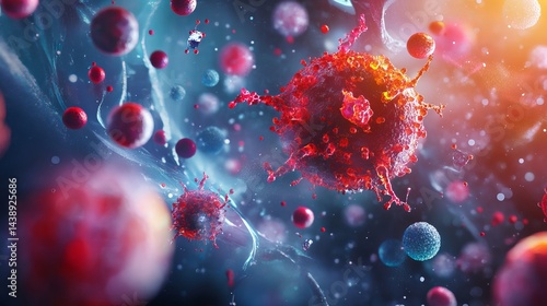 Microscopic view of cells and viruses with red and blue tones in a complex and detailed structure