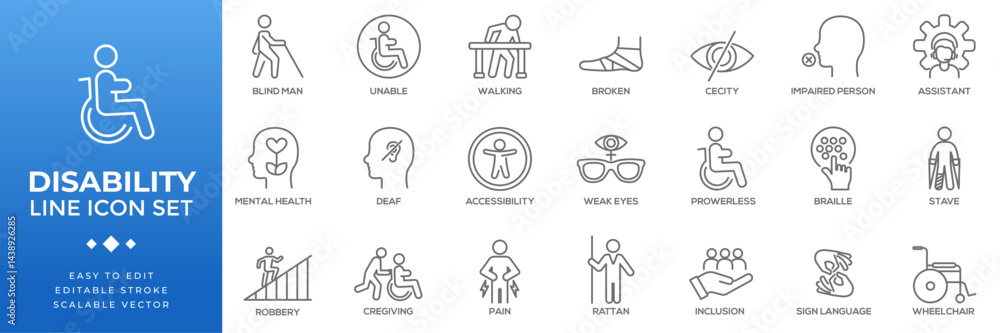 Disability icon set featuring accessibility symbols including wheelchair users, blind individuals, sign language, and mental health awareness, designed for digital and print use. Disability icon set featuring accessibility symbols including wheelchair users, blind individuals, sign language, and mental health awareness, designed for digital and print use.