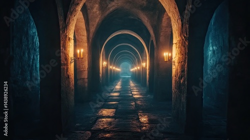 A stunning image of long medieval castle corridor with arches lit by candles, evokes mystery. Dark dungeon tunnel interior, stone walls, fantasy background, endless ancient.
